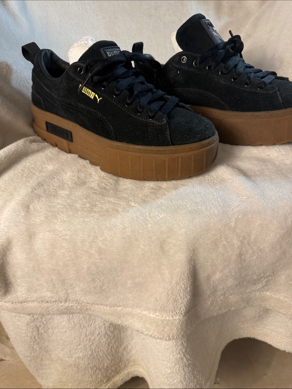 Puma Black Suede Platform Sneakers with Brown Gum Sole
